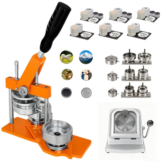 1+1.25+2.28in Round Fridge Magnet Maker Machine, Button Maker Press Kit with Photo Cutter + 150 Set Magnet + 150 Set Pin Materials+ 100 Sheets of Photo Paper
