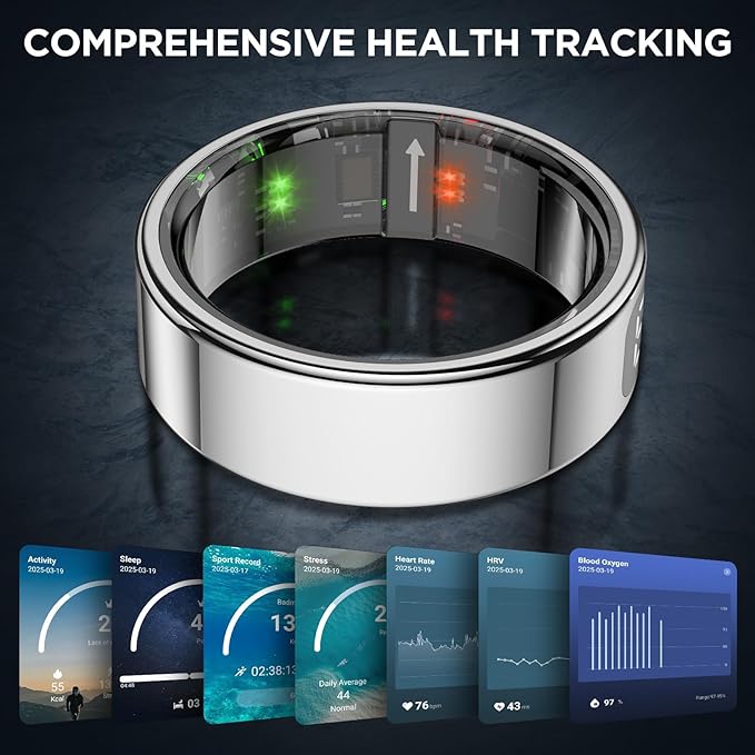 Smart Ring Health Tracker with Display Screen, Sleep Tracker Ring with Heart Rate, Fitness Ring Step tracker for Activity Monitoring/Steps/Calories,Wireless Charging, for iOS Android (Silver,13#)