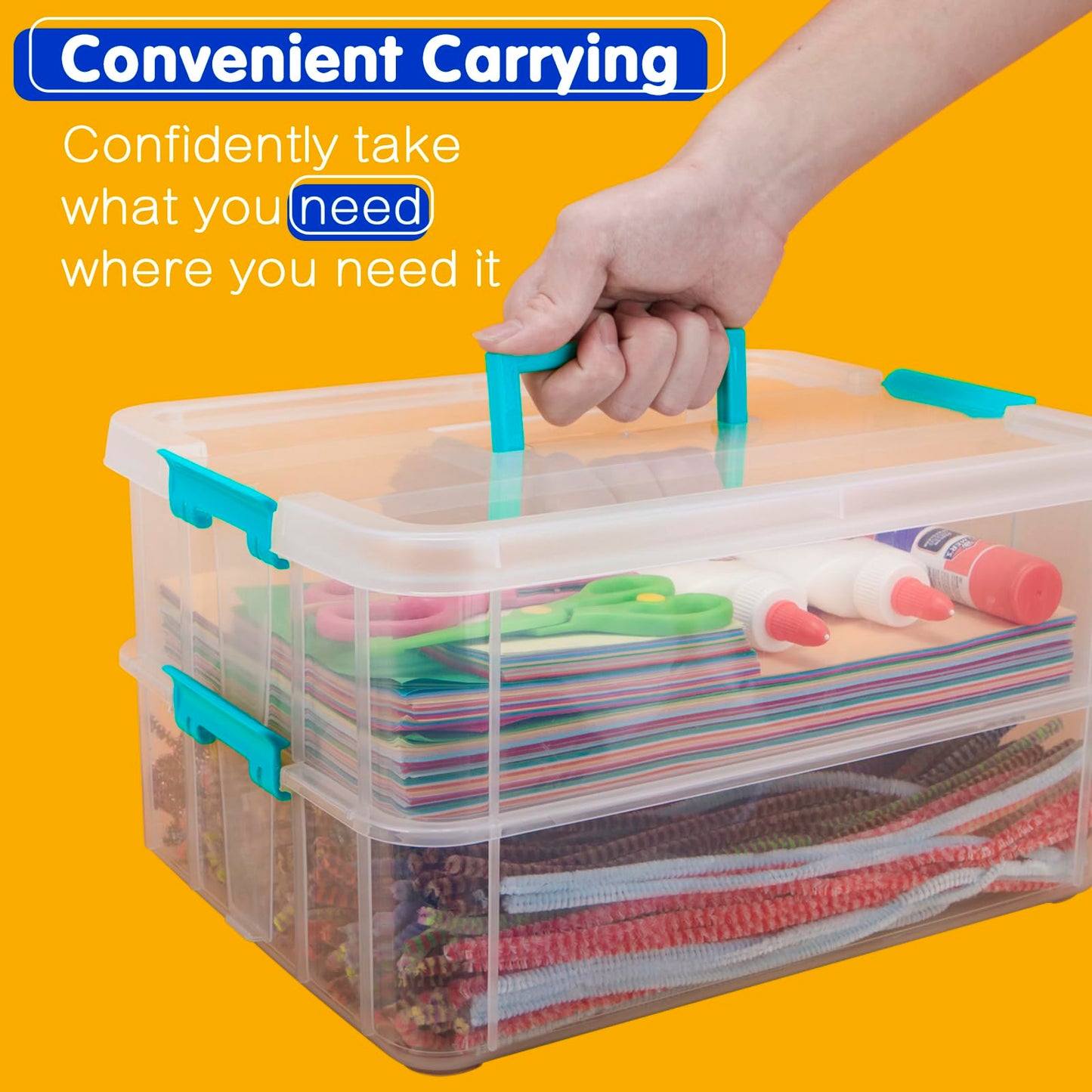 TERGOO 2 Layer Plastic Storage Containers with Lids, Multipurpose Clear Stack & Carry Box, Portable Craft Organizers and Storage Bin for Organizing Art & Craft, Sewing, Makeup, Nail Supplies (Blue)