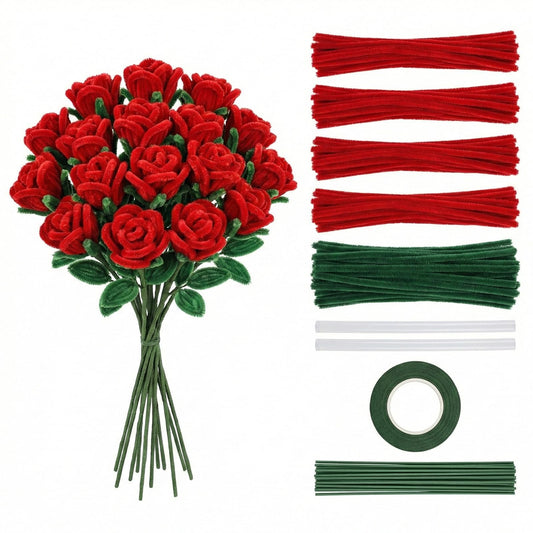 500 PCS Pipe Cleaner Flower Kit,Red Rose Craft Set,2 Colors Bulk Chenille Stems Kit with Floral Wire & Tape,DIY Flower Bouquet Making Supplies for Holiday Decoration & Crafts