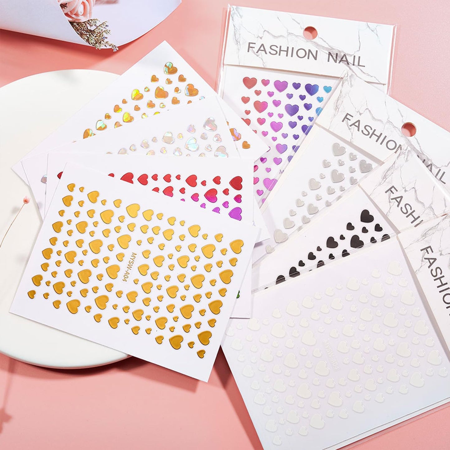 Heart Nail Stickers Valentines Day Nail Art Decal 3D Self-Adhesive Red White Black Sliver Metal Laser Heart Design Nail Stickers for Nail Supplies for Acrylic DIY Manicure Decorations 9 Sheets