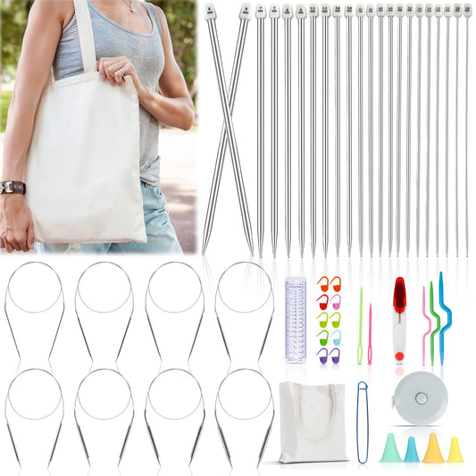 Katech Knitting Needles Set for Beginners, 9 Pairs Circular Knitting Needles Set and 22 Pcs Single Pointed Knitting Needle Set with Tote Bag Knitting Accessories Knit Supplies