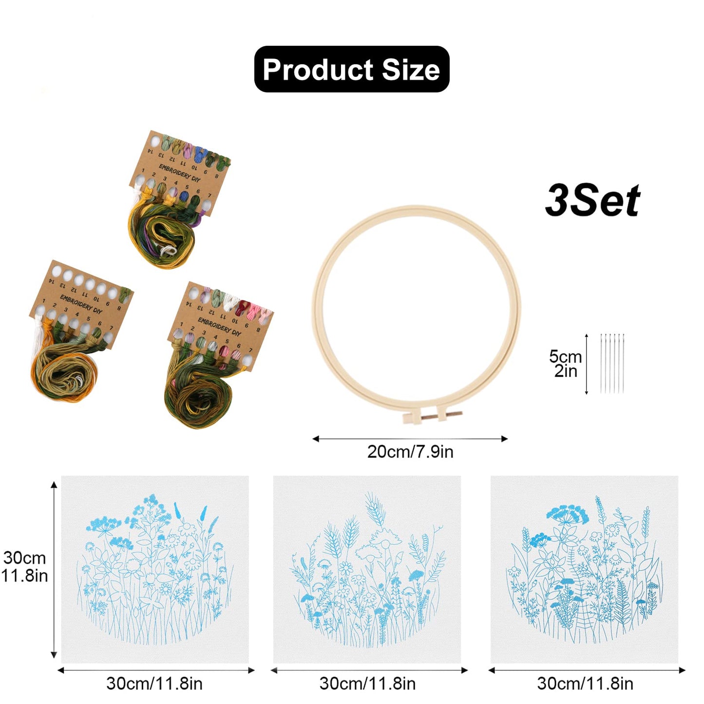 Lukinbox 3 Sets Embroidery Kit for Beginners, Fabric Cross Stitch Kits for Adults, DIY Embroidery Starter Kits with Floral Flower Patterns, Embroidery Hoops, Clothes, Threads and Needles