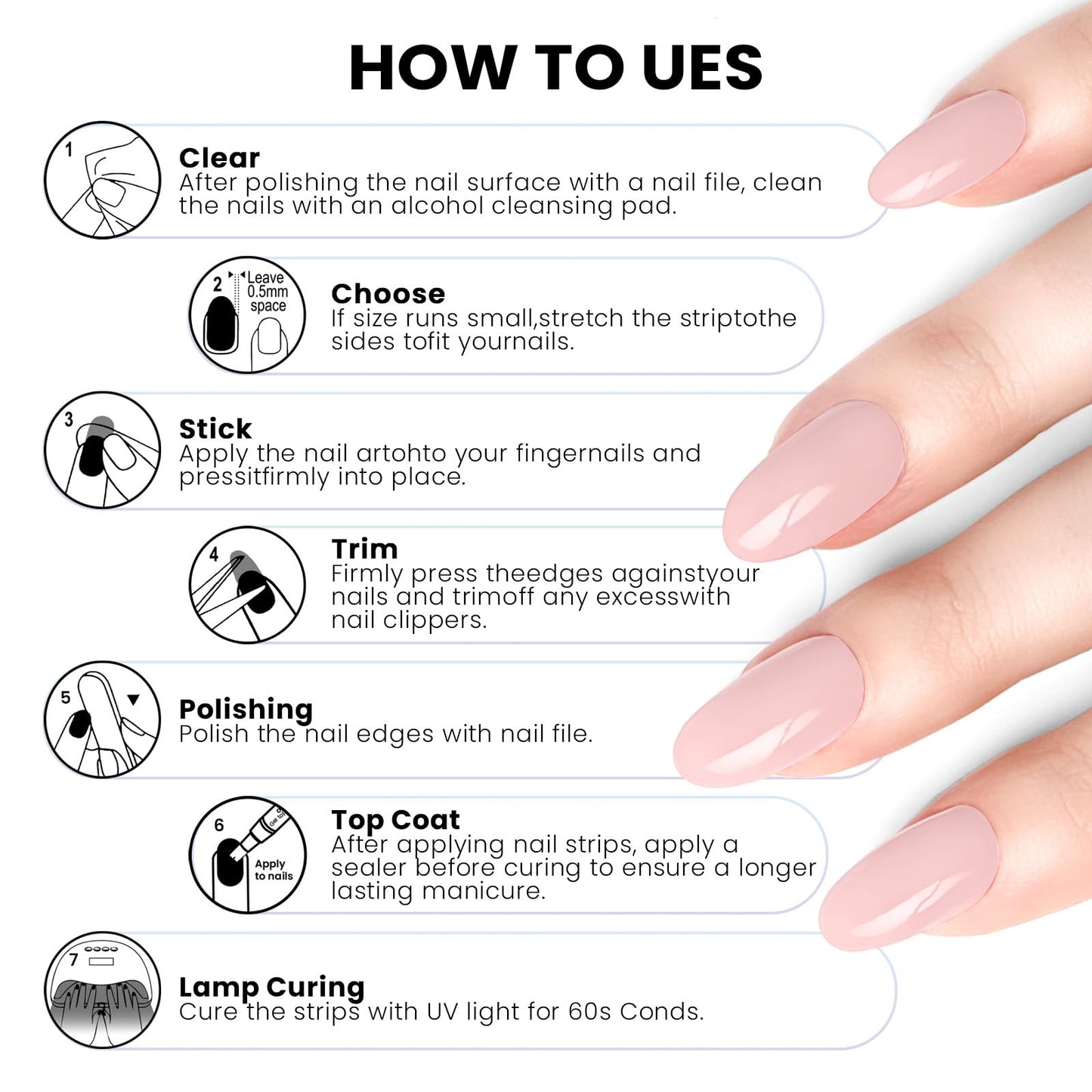 Oauee Semi Cured Gel Nail Strips | Built-In Gel Top Coat | UV Light Required | Salon Quality, Easy Application And Removal (Pink French)