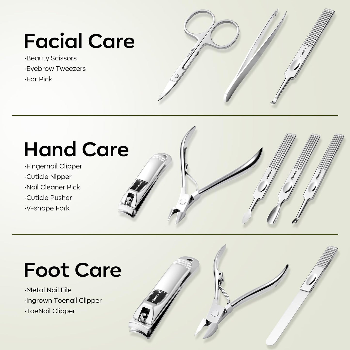 FAMILIFE Manicure Set, Professional Manicure Kit Nail Clippers Set 11 in 1 Stainless Steel Nail Pedicure Tools Kit Grooming Tool with Portable Green Leather Travel Case Luxury Gifts for Women and Men