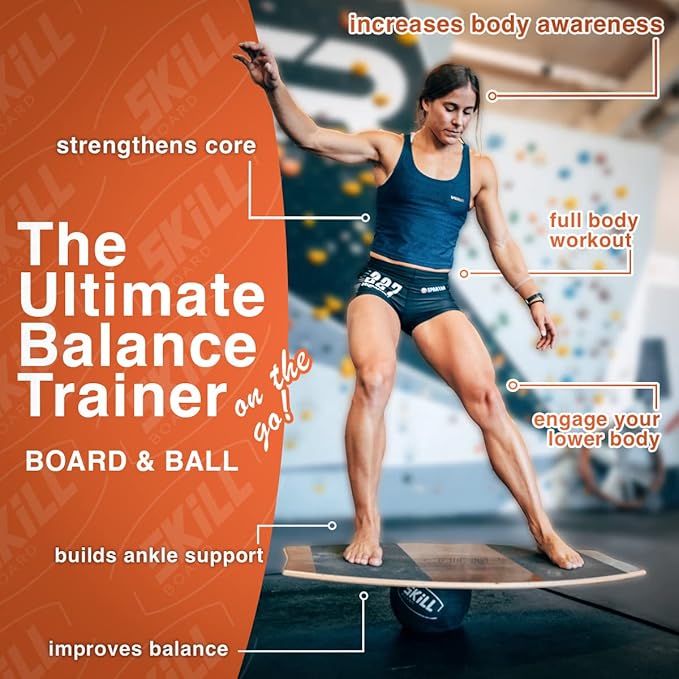 The Skill Board - Wooden Balance Board for Adults - Wobble Board for All Sports, Gym, Standing Desk, or Yard Games - Balance Trainer, Fitness Ball, Ball Pump, Grip Tape