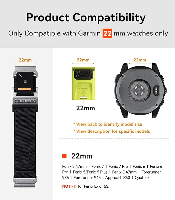 Aulumu C11 for Garmin Watch Band 22MM | Mag Buckle Slim Band | Memory Quick Release | Velvet Nylon Braid | Stainless Steel Magnetic Clasp