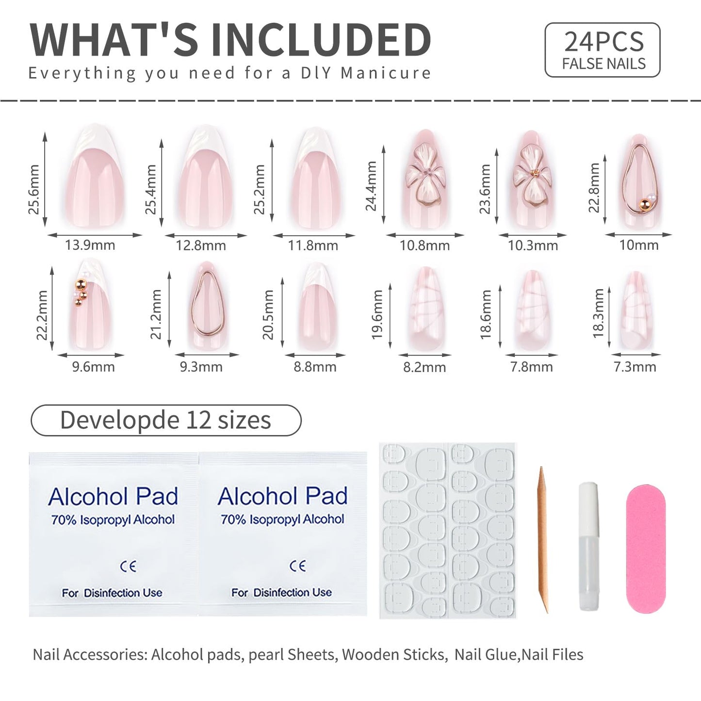3D Flower Press On Nails Almond Shape – Medium Length Nude Pink Acrylic Fake Nails with Gold Beads & White Tips, 24PCS Glossy Stick On Nails with Tools, Reusable Elegant False Nails for Women