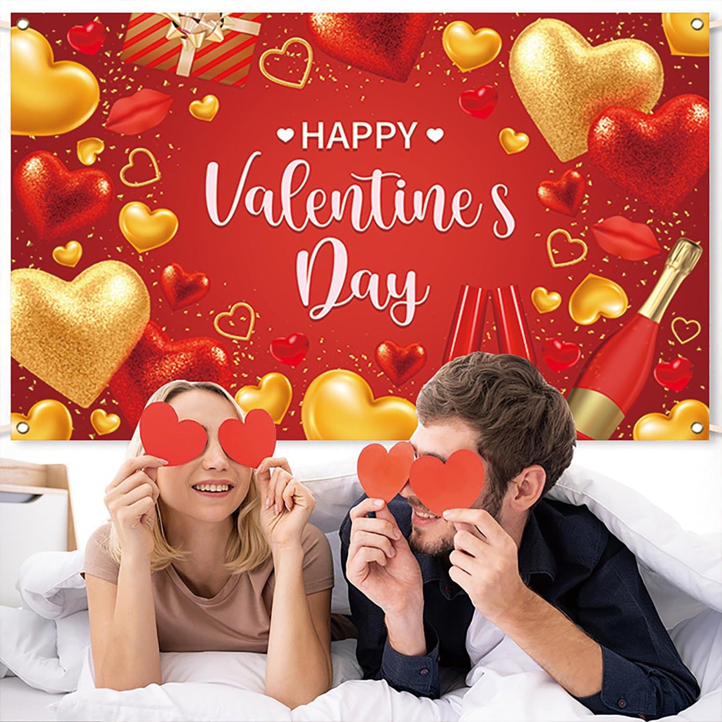 Gold Love Heart Acrylic Nails Blue Gradient Valentine's Press on Nails Square Golden Flowers and Heart Pattern Design Valentine's Nails Artificial Coffin Nails Glossy Glue on Nails for Women