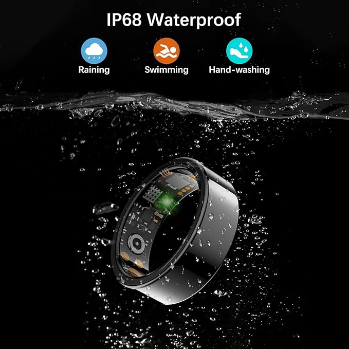 Smart Health Ring for Women Men, Fitness Tracker Ring with Heart Rate, Blood Oxygen, Sleep Tracker, Step Tracker, No Subscription Fee, IP68 Waterproof Smart Ring for iPhone & Android (Black, 6#)