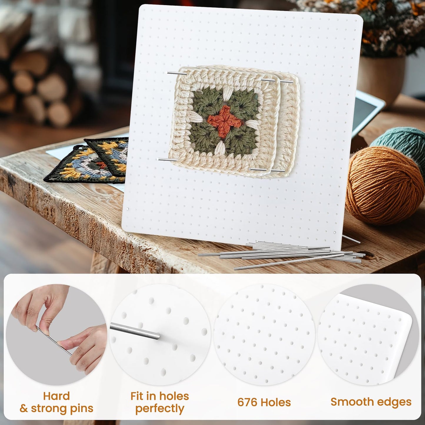 13” Washable Crochet Blocking Board with 20 Pegs/Pins, Upgraded Plastic Blocking Boards for Crochet Projects with Adjustable Tilt Angle, Granny Square Blocking Board for Crocheters, Beginners, Mothers