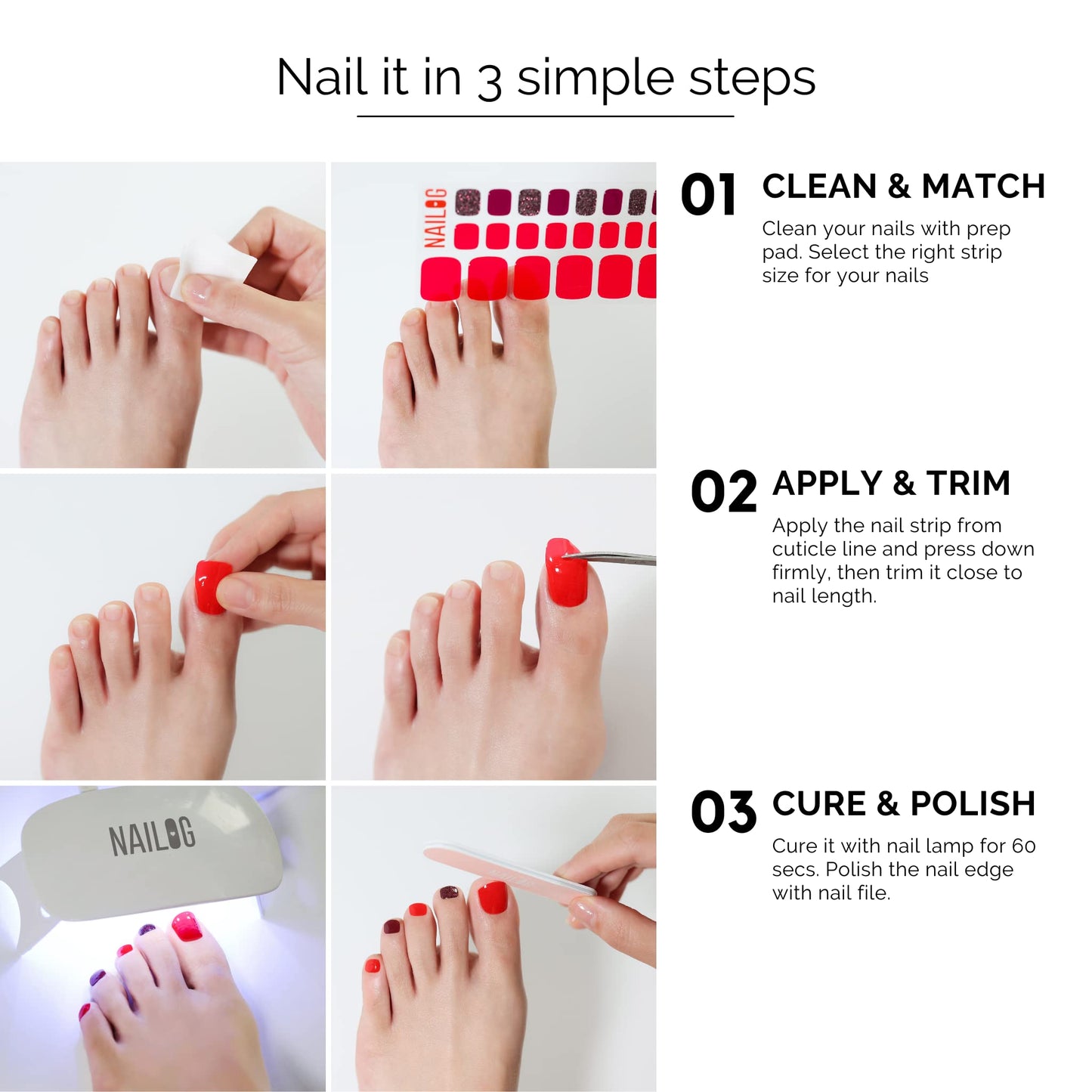 NAILOG Semi Cured Gel Nail Strips, Toe Nail Polish Strips with Glossy Gel Finishing | Buy 3 Get 1 UV Lamp| 32 Pieces Long Lasting Pedi Stickers | Purple & Gray