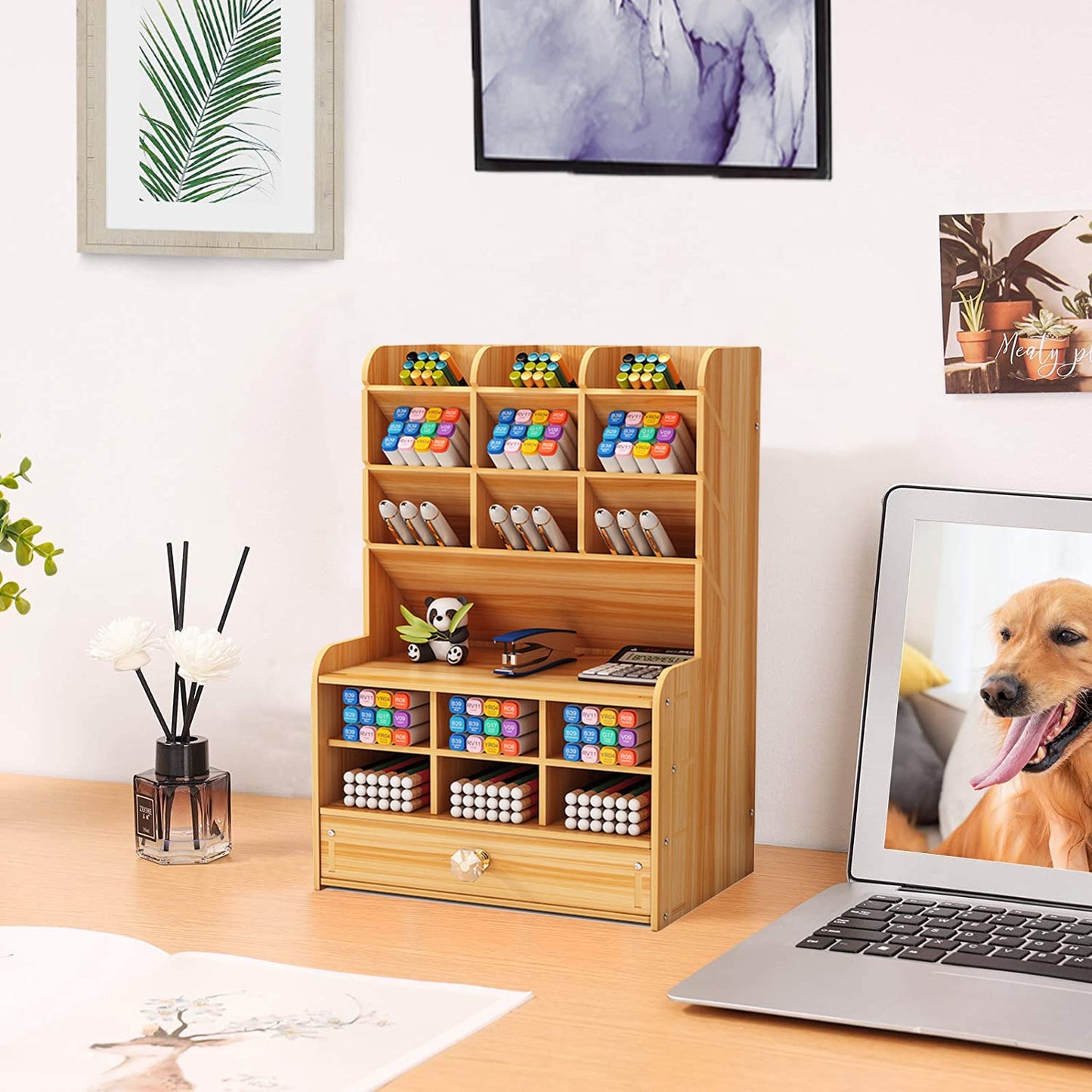 Marbrasse Wooden Desk Stationary Organizer, Multi-Functional Pen Holder, Storage Rack for School Home Office Art Supplie (B16-Cherry Color)