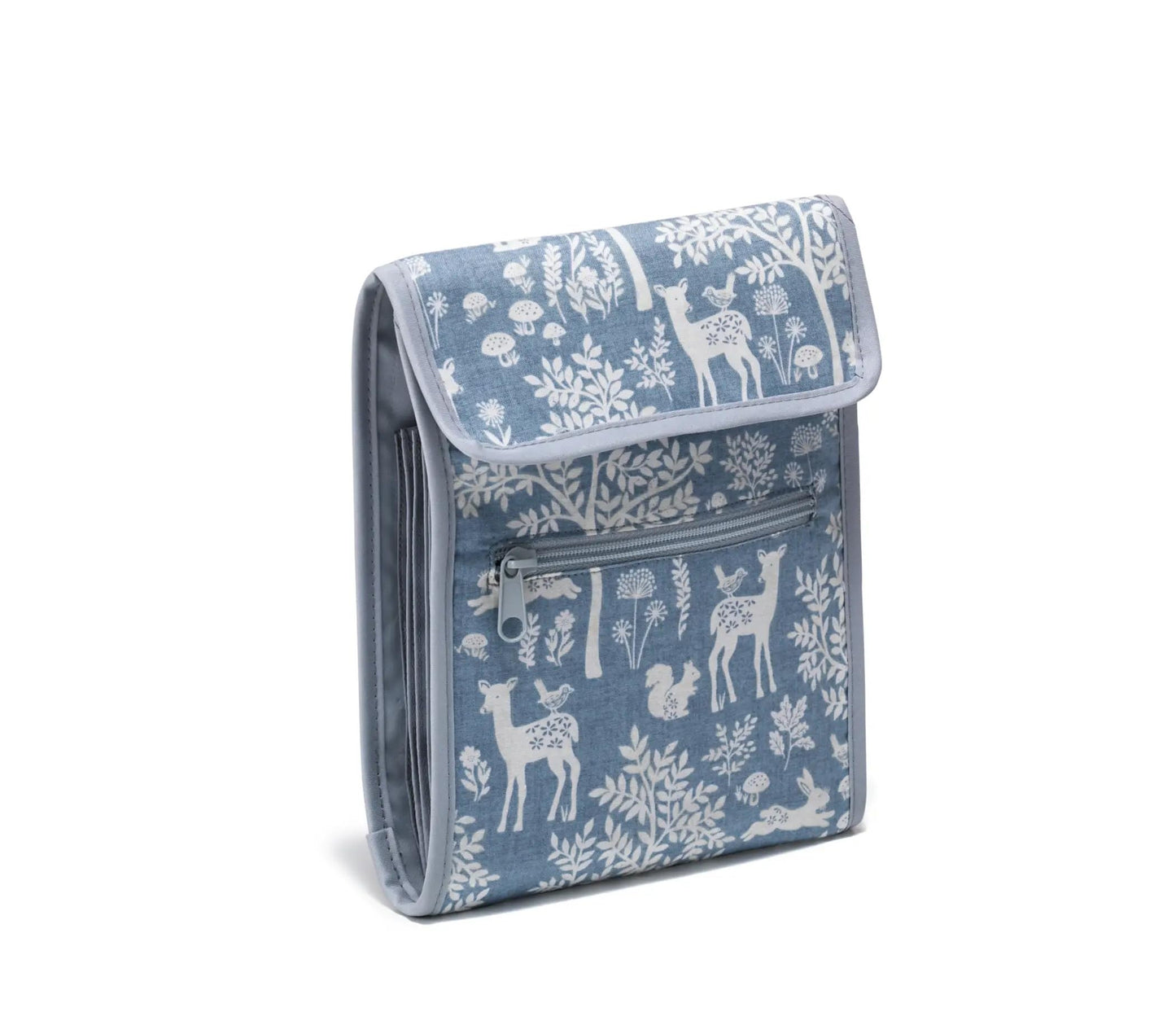 Prym Circular Knitting Needle Case – 9” x 7-1/4” Fan-Fold Organizer with 10 Pockets, Magnetic Closure & Zip Accessory Pocket - Blue Woodland