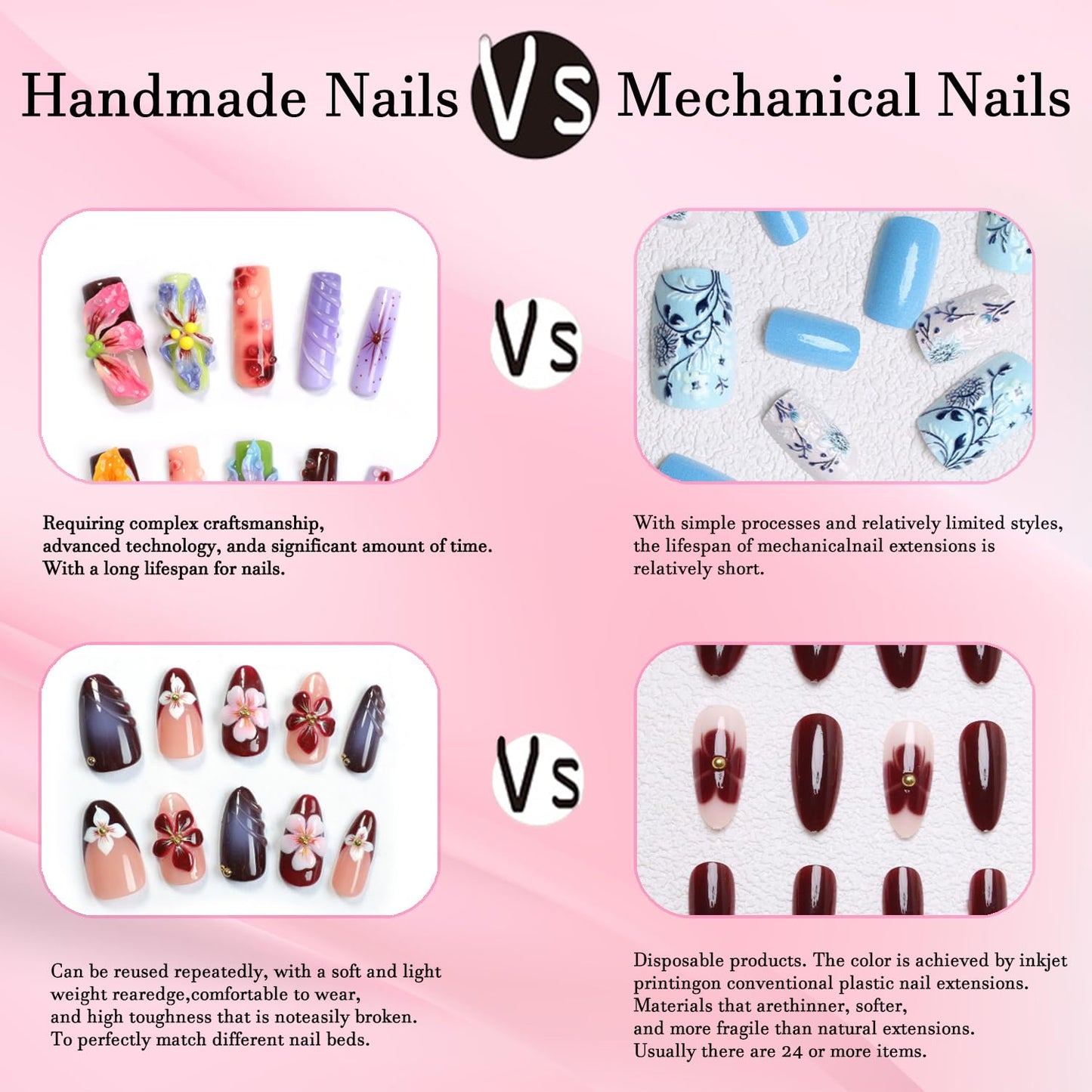 10 Pcs Handmade Duck Press on Nails 3D Art Flower Fake Nails with Golden Pearl Design Reusable Artificial Acrylic False Nail for Women Girls DIY（Size M)