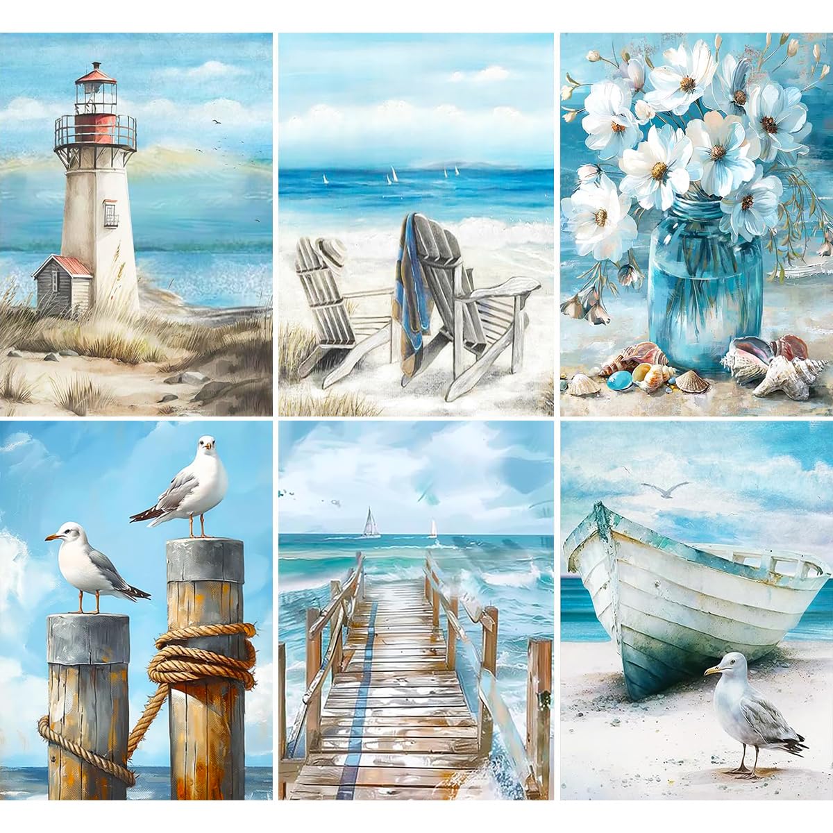 6 Pack Beach Diamond Art Kits for Adults - 5D Lighthouse Diamond Dots Painting Kits for Beginner,DIY Seagulls Round Full Drill Paintings with Diamonds Gem Art for Home Wall Decor Gifts 11.8x15.7inch