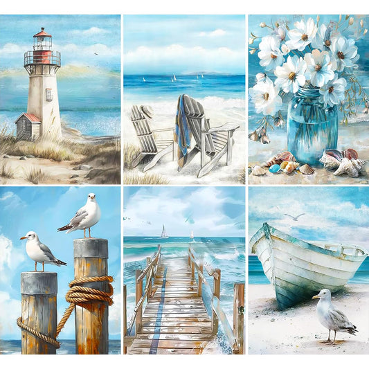 6 Pack Beach Diamond Art Kits for Adults - 5D Lighthouse Diamond Dots Painting Kits for Beginner,DIY Seagulls Round Full Drill Paintings with Diamonds Gem Art for Home Wall Decor Gifts 11.8x15.7inch