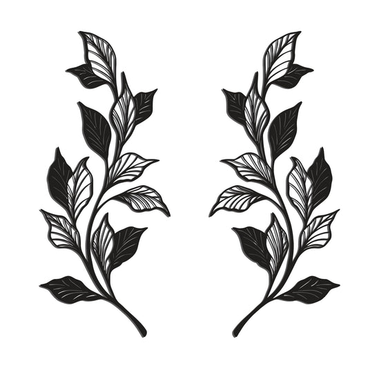 Slickss 14.6" 2 Pieces Metal Leaf Wall Art, 1mm Thick Matte Black Minimalist Vine Branch Decor, Above Door Bed Wall Hanging with Nail & Adhesive Mount Kit, Farmhouse Boho Decor for Home