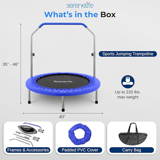 SereneLife 36/40" Foldable Mini Trampoline - Compact Fitness Trampoline for Kids Adults, Exercise Rebounder with Foam Handle, Indoor/Garden Workout Equipment, Max Load 150/220 lbs