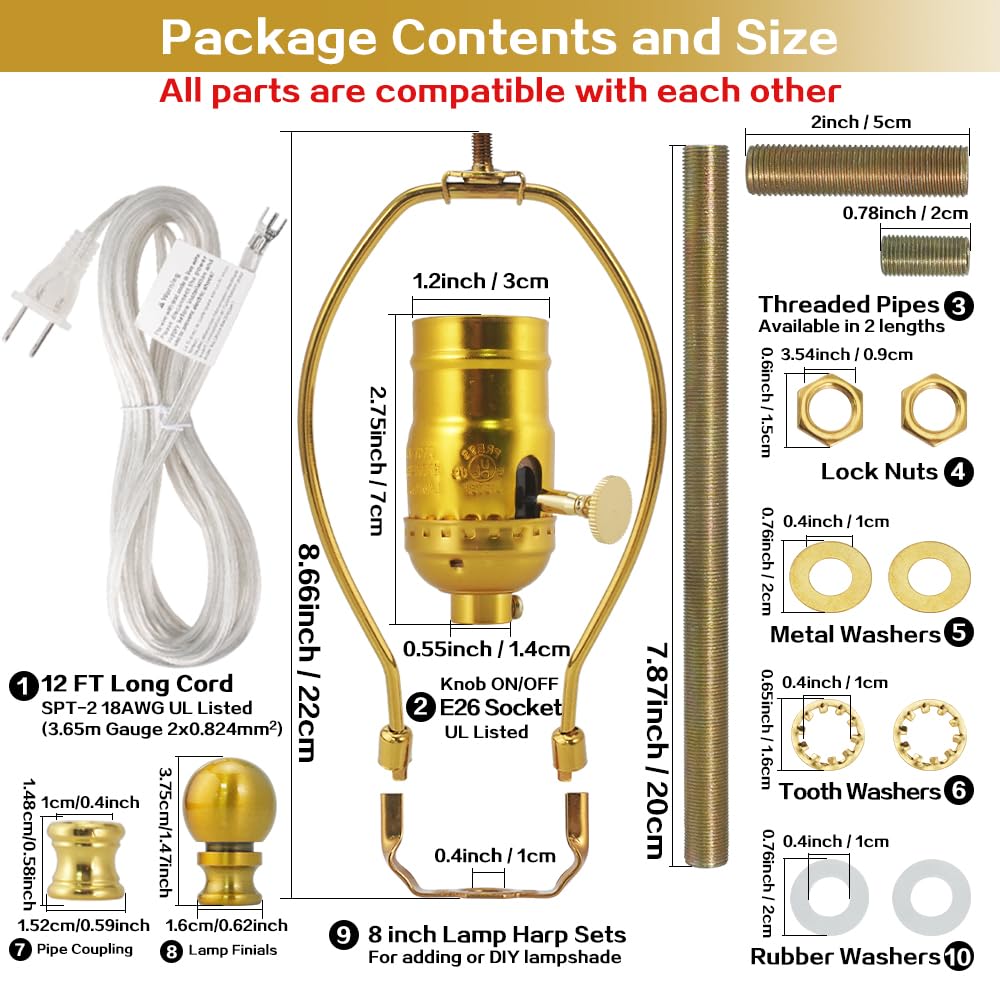 Asjeumt Lamp Rewire Kit Make a Lamp Repair Kits E26 Light Socket Matching Cord Wire Harp Making Supplies Set Lamp Wiring Kit for Table Floor Lamp with All Parts Needed for DIY Lamp - Antique Gold