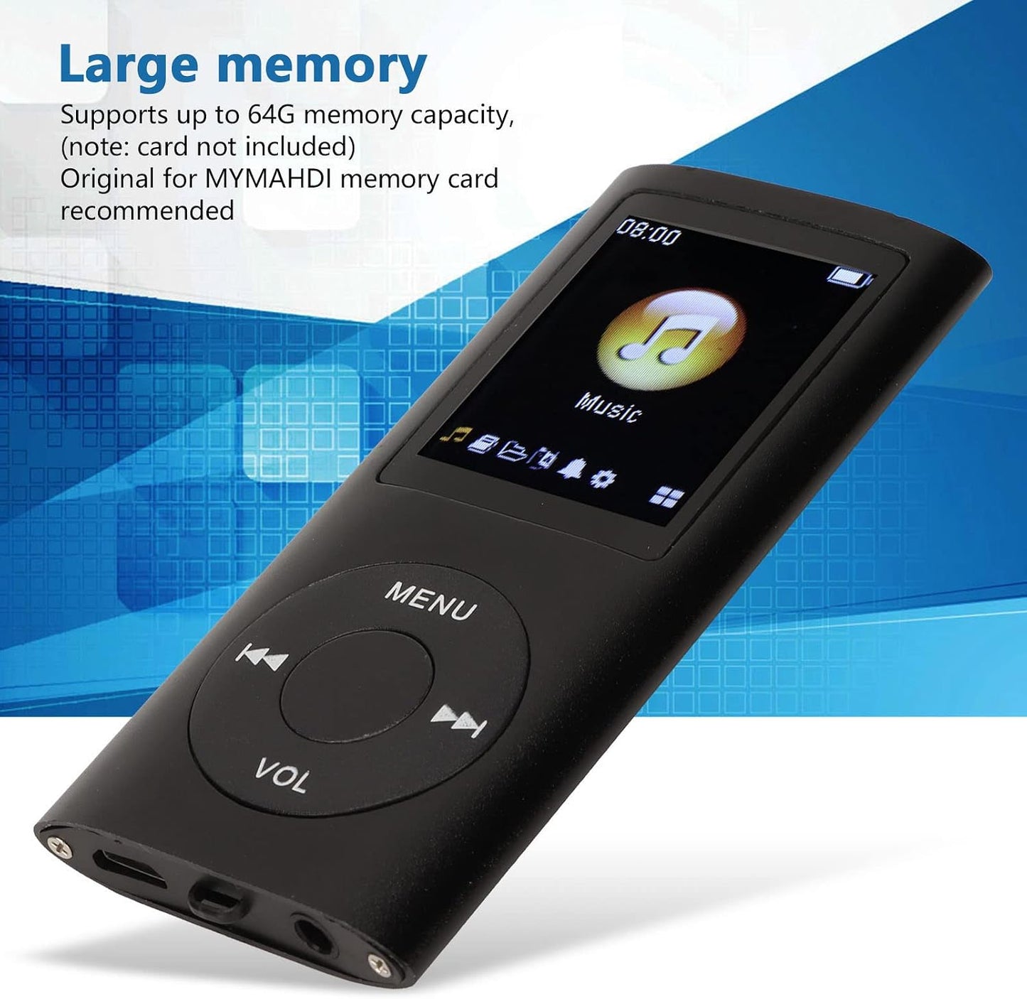 Zopsc MP3 1.8 Inch 64GB, 200mAh Portable Player, Lossless HiFi Music Player with LCD Screen, Memory Card Slot Support