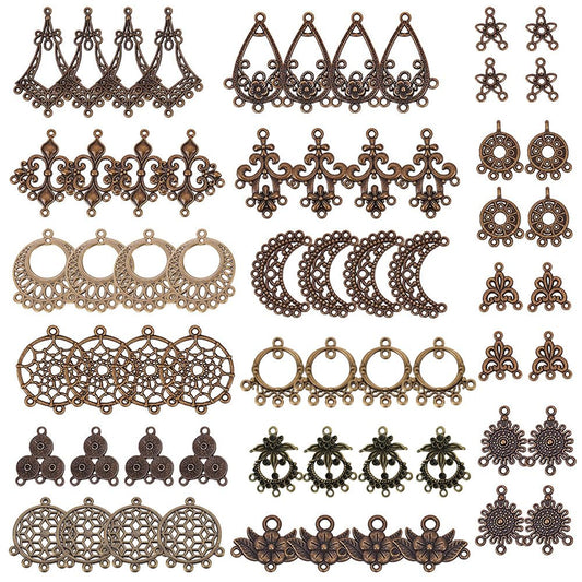 SUNNYCLUE 1 Box 64Pcs Assorted Chandelier Connector Charms Tibetan Style Antique Bronze Flower Dream Catcher Charm Earring Findings Loops Vintage Linking Connector Pendants for Jewelry Making