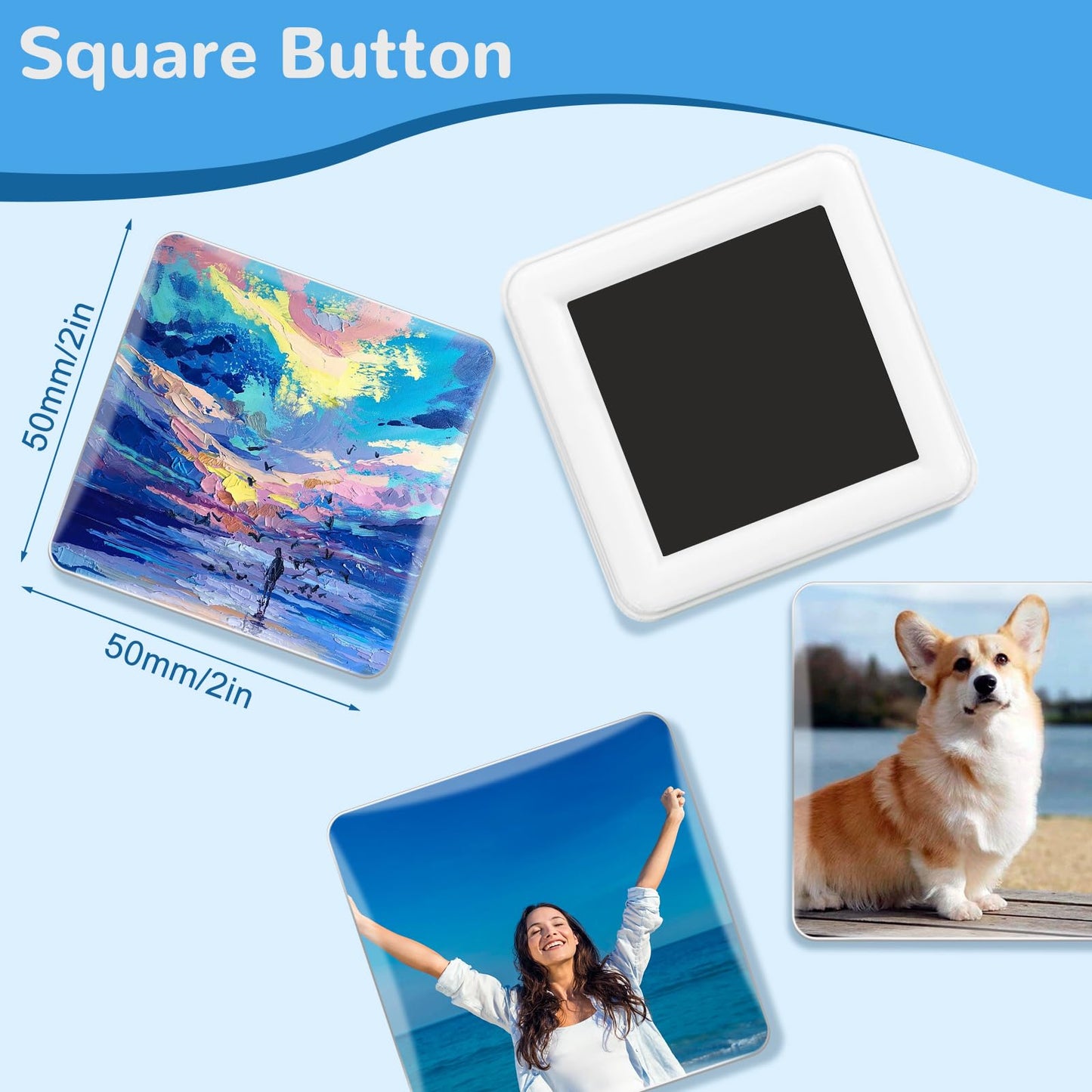 Vanttokeey Square Button Maker Machine 2x2 Inch (50mm x 50mm), Fridge Magnet Badge Maker Press Kit with 100 Sets Square Pin Making Supplies, for DIY Crafts and Home Projects (Blue)