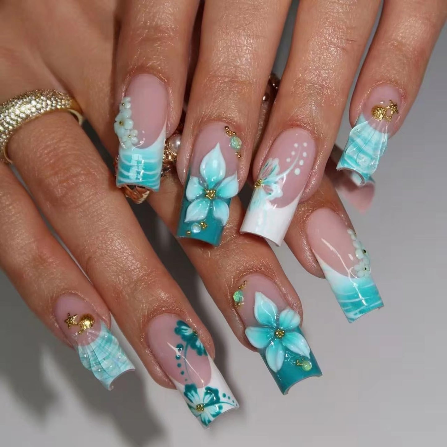 MISUD Press on Nails - Long Square Fake Nails with Green, Acrylic Handmade 3D Flower Design 24 pcs