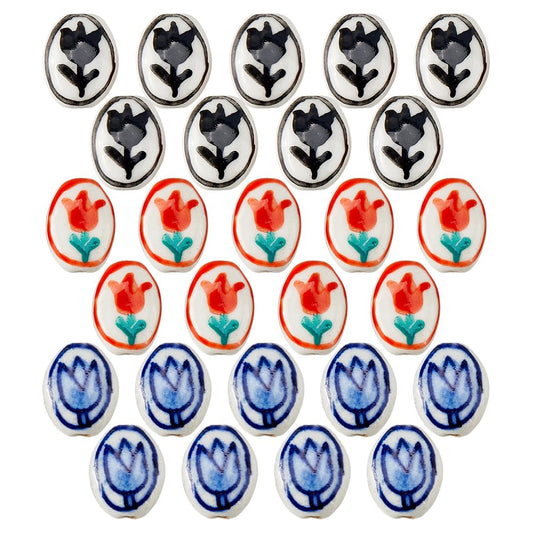 SUPERFINDINGS 27Pcs 3 Colors Porcelain Ceramic Flower Beads Hand-Painted Floral Porcelain Beads Flat Round Tulip Spacer Bead for DIY Craft Jewelry Making Necklace Bangle