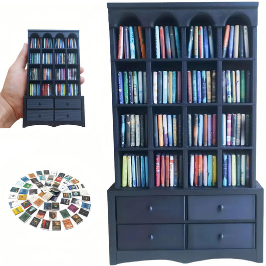 Mini Bookshelf for Anxiety Relief - 1:12 Scale Vintage Bookcase with 4 Drawers & 100 Mini Books, Dollhouse Desktop Decor-Black