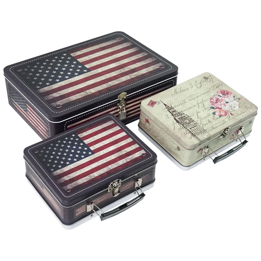 DreamsEden Decorative Storage Boxes, Metal Keepsake Container Case with Lock and Key & Small Handheld Tin Box Home Decoration (Vintage American Flag, Set of 3)