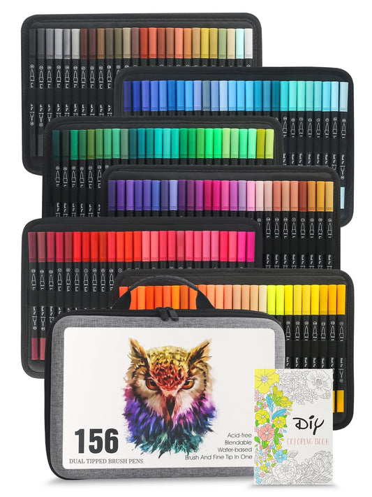 LIULIUCAI 156 Colors Dual Tip Markers Brush Pens, Fine & Brush Tip Art Marker for Adult Coloring Book No Bleeding, Colored Drawing Pen for Calligraphy Lettering Illustration Journal Doodling Gift