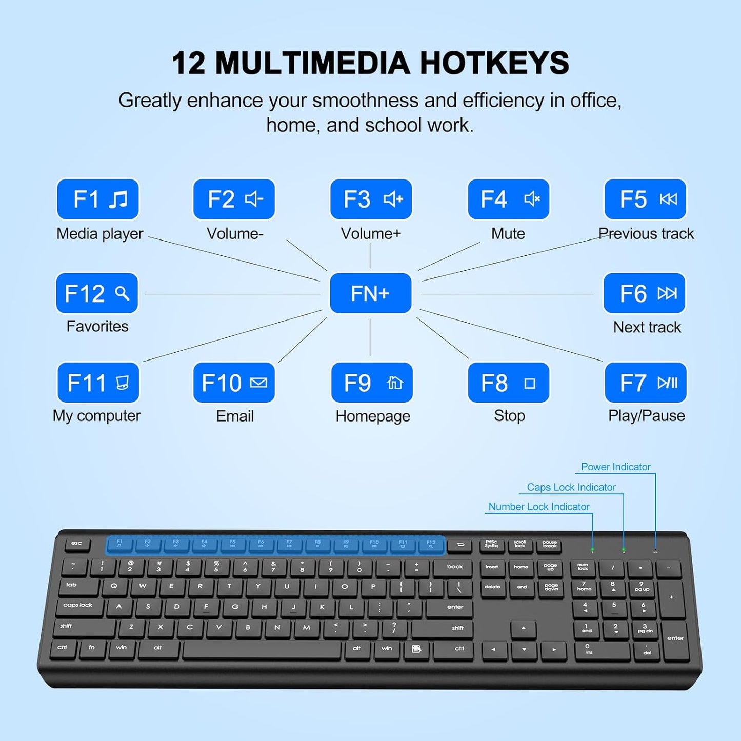 EDJO 2.4G Wireless Keyboard, Full-Sized Cordless USB Silent Computer Keyboard, Ergonomic Tilt Angle, Sleep Mode, Long