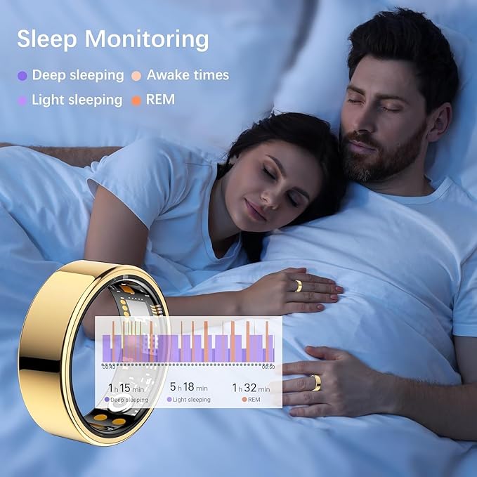 Ring Health Tracker for Women Men, Fit Ring with Heart Rate, Blood Oxygen, Sleep Monitor, Calories, Step Counter, IP68 Waterproof Smart Ring for iPhone & Android, No Subscription Fee (Gold, 6#)