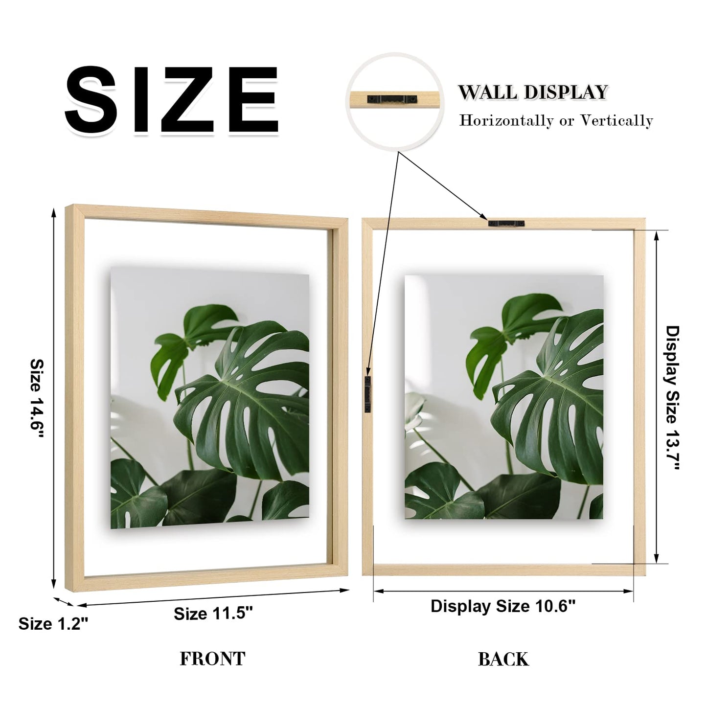 Egofine 11x14 Floating Frames Set of 2, Double Plexiglass Picture Frame, Made of Solid Wood Display Any Size Photo up to 11x14, Wall Mount or Tabletop Standing, Natural Wood