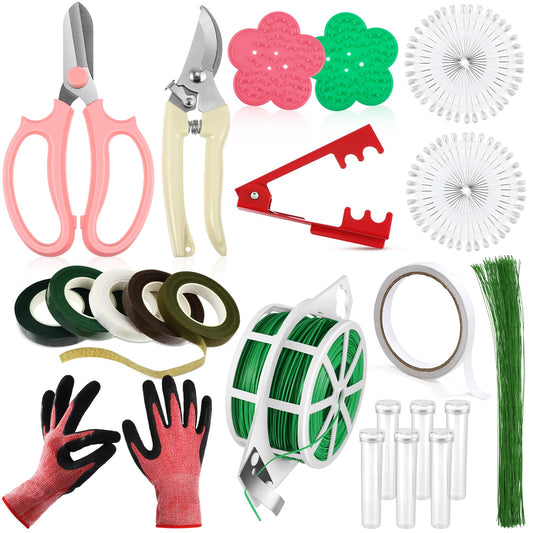 WILLBOND Gifts for Mom Women,121 Pcs Floral Arrangement Tool Kit, Rose Thorn Remover Pruner Trimmer Gloves 22/26 Gauge Paddle Tie Stem Pearl Corsage Pin Pruning Shears, Florist Tool(Bright Color)