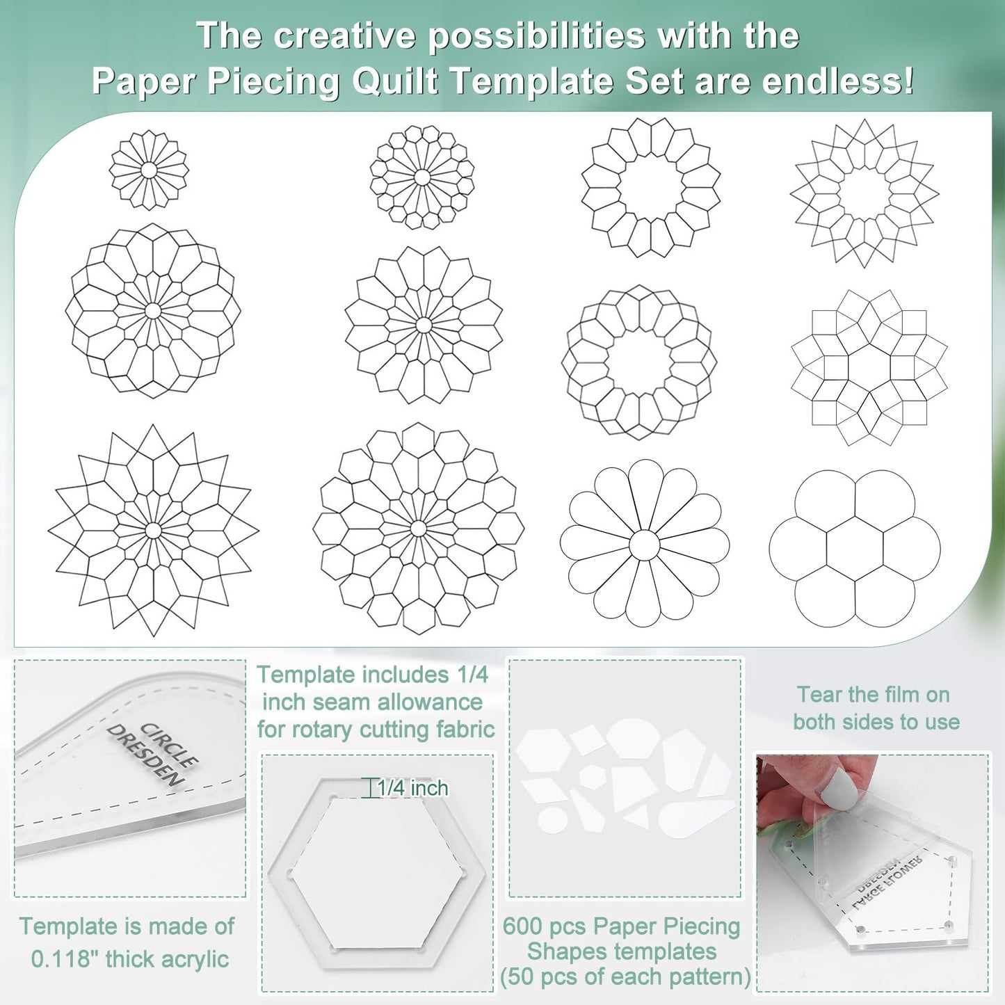 Cinnvoice 612 Pcs Patchwork Paper EPP English Piecing Supplies 12 Shapes Acrylic Templates with 600 Paper Piecing for Sewing Dresden Plate Triangle Hexagon Quilting Template(Classic 1,Clear)