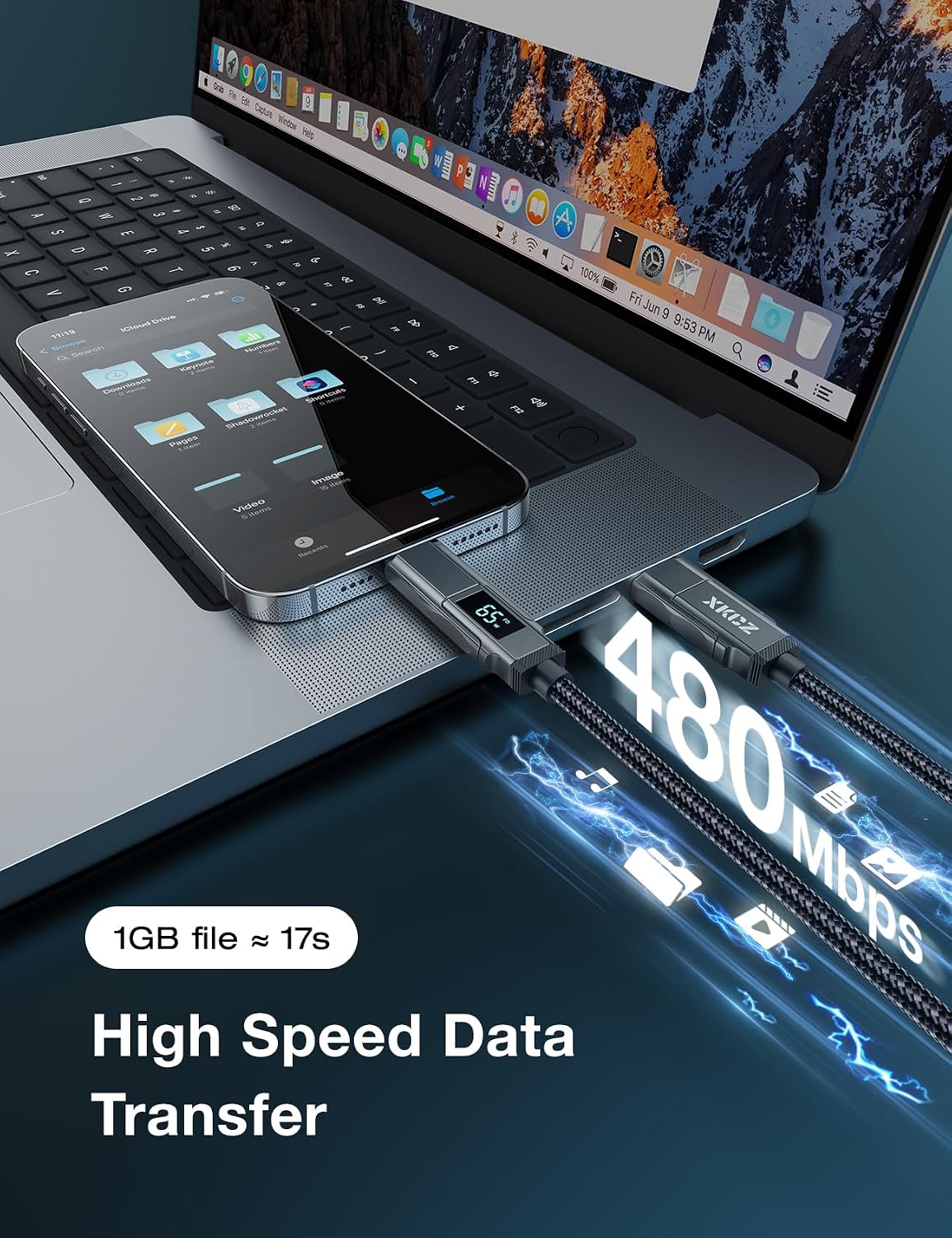 4 1 65W 3FT in USB C Cable with Wattage Display, Round Nylon Braided Multi Charging Cable with Data Sync, USB C