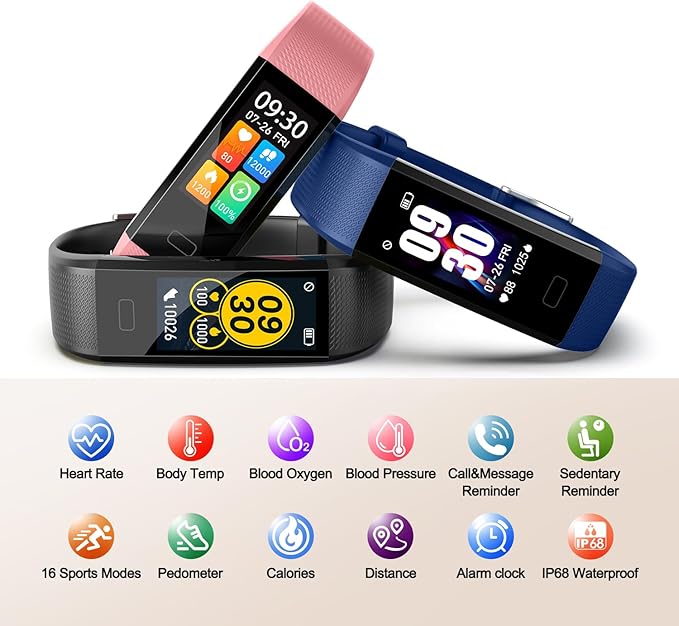 ENGERWALL Fitness Tracker with Step Counter/Calories/Stopwatch, Activity Tracker with Heart Rate Monitor, IP68, Health Tracker with Sleep Tracker, Smartwatch, Pedometer Watch for Women Men Kids