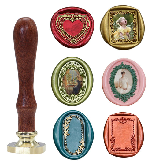 Andotopee 6-in-1 Vintage Embossed Frame Wax Seal Stamp Kit- Rectangle & Oval & Heart 3D Relief Photo Frame Seal Stamps with Wood Handle, Retro Sealing Wax Stamp for Wedding Invitations, Letters