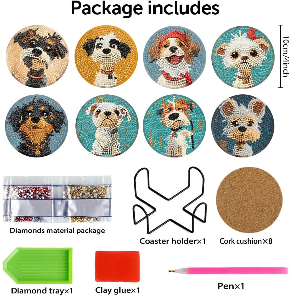 Cute Dog Diamond Art Painting Coasters Kit, 8 Pieces Puppy Diamond Art Coasters with Holder, DIY Dog Diamond Coasters for Beginners