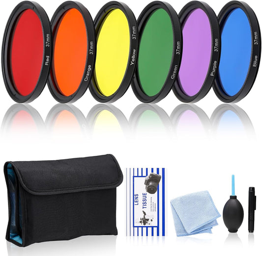 CASYDYEN 6-Piece 37 mm Full Color Lens Filter Kit for DSLR Cameras Includes Red Orange Yellow Green Blue Purple