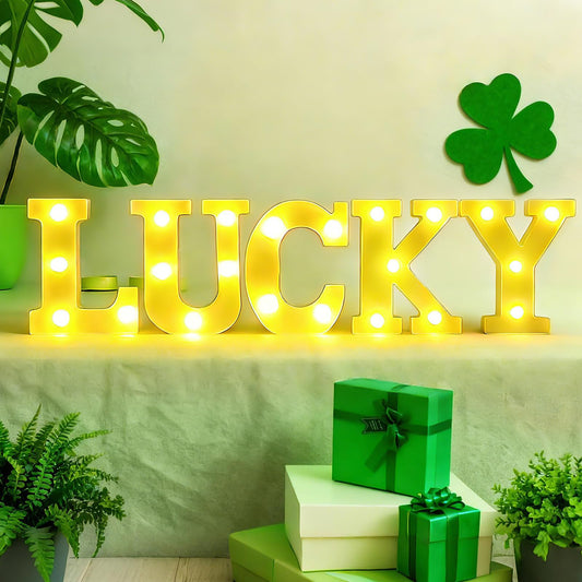 5 PCS Lucky Marquee Light Up Letters St Patricks Day Lucky LED Letter Number Light Sign Centerpieces for Home Table Decor St. Patrick's Day Decoration Saint Patty's Party Night Lamp Banquet Props