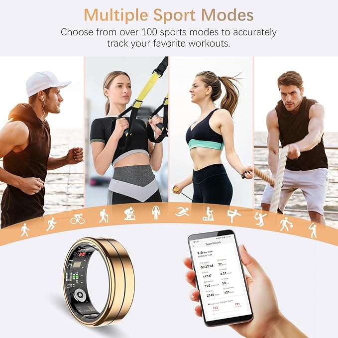 Fit Ring, Smart Health Rings for Women Men with Heart Rate,Blood Oxygen,HRV,Stress Level, Sleep Monitor, Step Tracker, No Subscription Fee, IP68 Waterproof Smart Ring for iphone &Android (Gold, 7#)