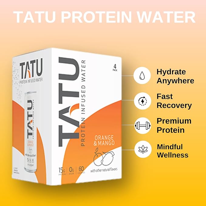 TATU Ready-To-Drink Protein Infused Water Orange Mango 4 Pack. 15 grams of whey protein isolate, 0 grams of sugar, only 60 calories. Lemon Ginger and Orange Mango. Gluten Free, lactose free.