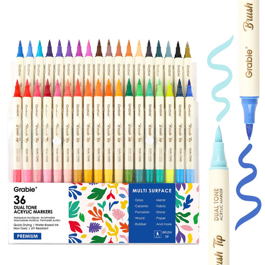 Grabie 72 Colors Acrylic Paint Markers, 36 Pack Dual Tip Soft Brush Acrylic Markers, Water-Based Paint Pens for Paper, Rock Painting, Wood, Canvas, Glass, Fabric, DIY Craft Art Supplies for All Ages