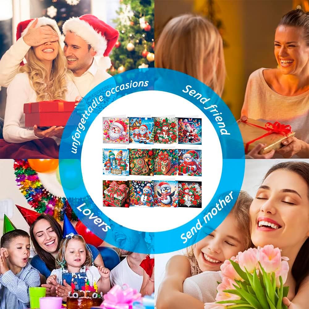 ACSAUMMY Diamond Art Painting Christmas Cards, 12 Pack DIY 5D Diamond Greeting Cards Kits for Adults Diamond Xmas Greeting Cards with Envelopes Gem Christmas Gifts for Families, Friends, Partners