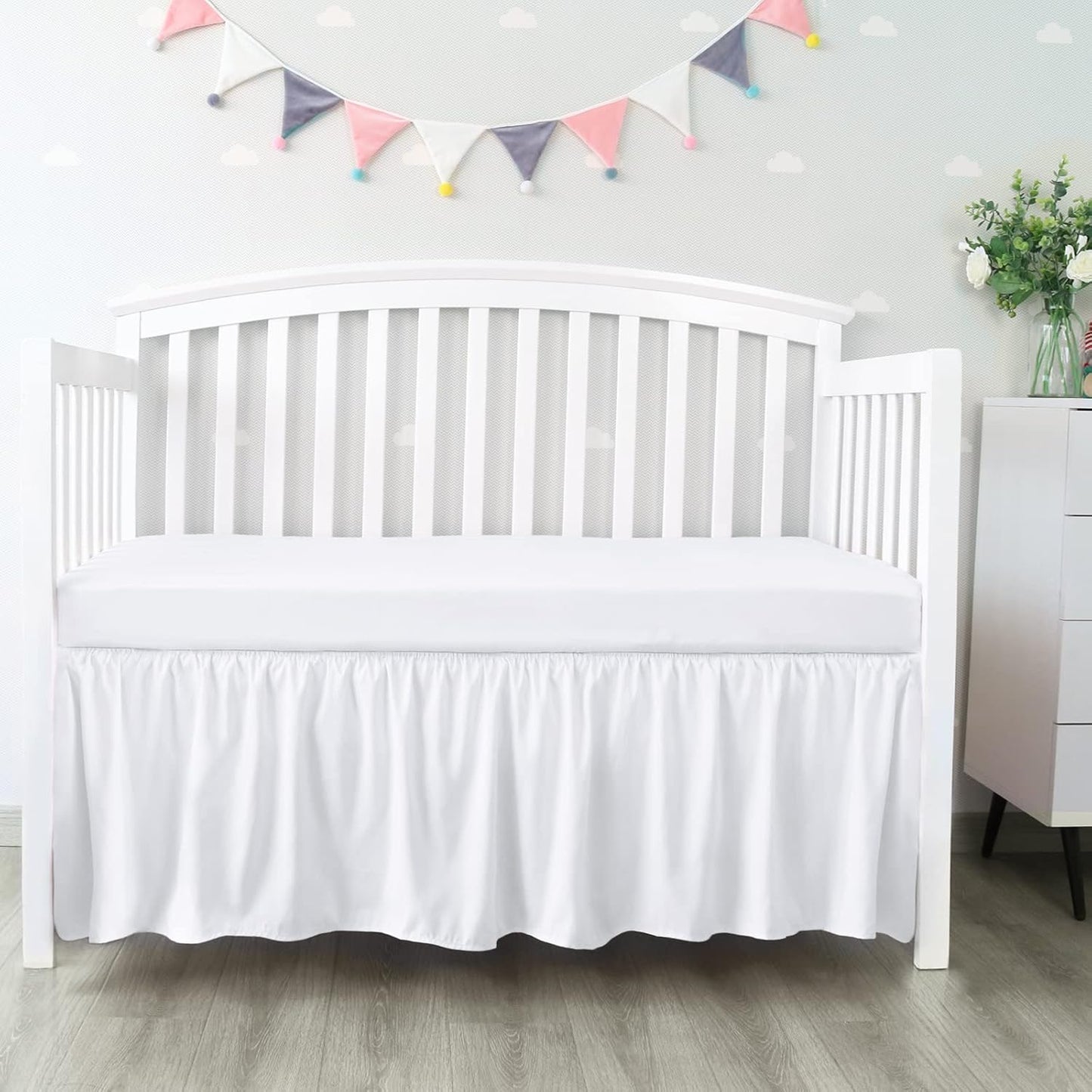 Crib Bed Skirt - Skiennix 28â x 52â Pleated Dust Ruffle | Adjustable Fit for Toddler Beds, Soft White