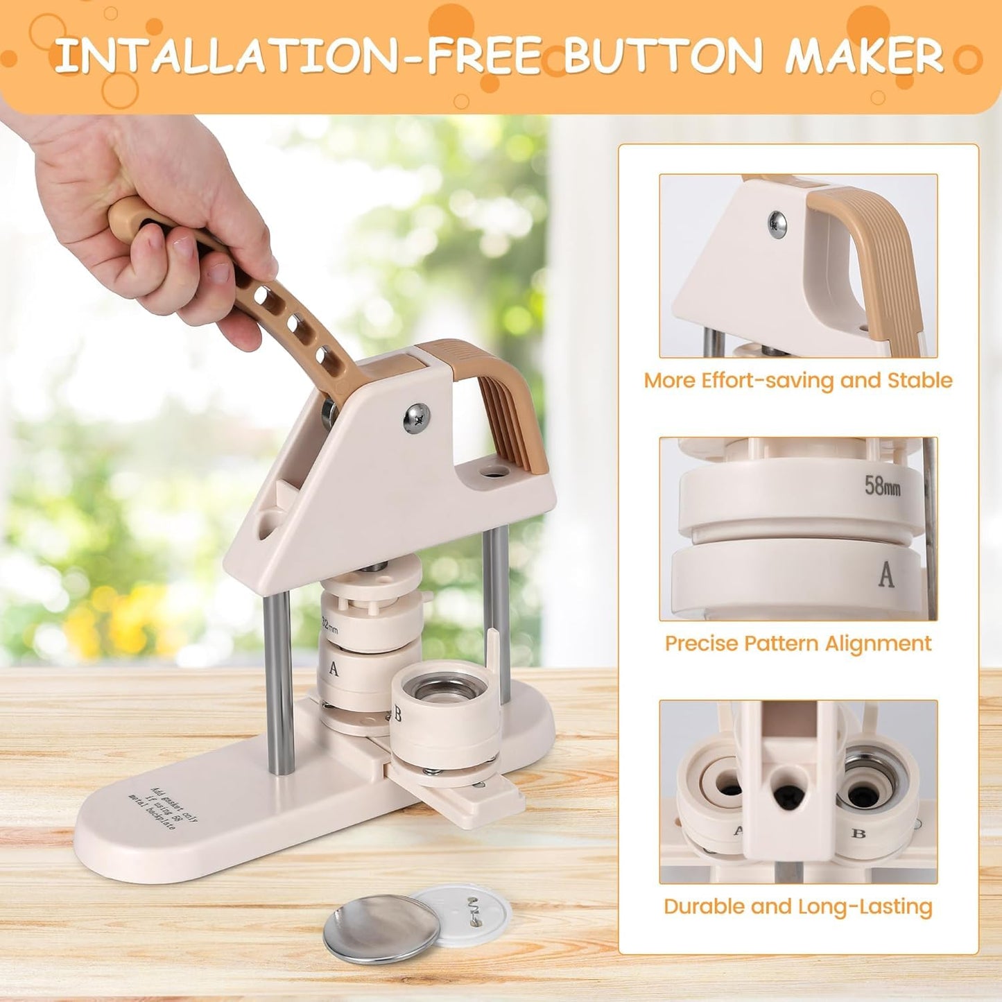 3-in-1 Button Maker Machine for 1/1.25/2.28 inch (25/32/58mm) Badges | Ergonomic Arc Handle Press Kit with 300pcs Button Parts | Includes Circle Cutter & Guidebook for DIY Crafts and Gifts