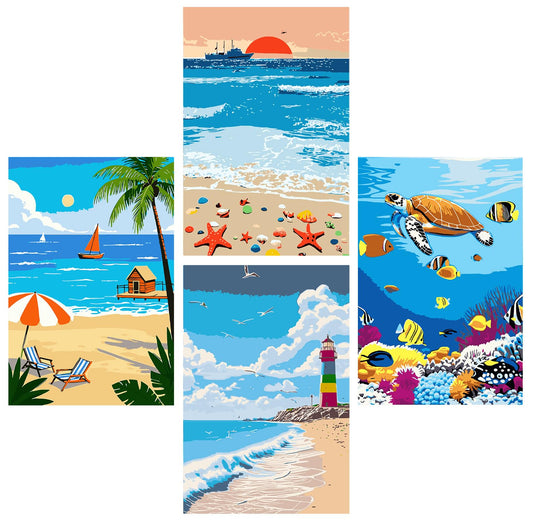 AUTMAPLA 4 Pack Beach Paint by Numbers Kit for Adults Beginner,Ocean Landscape Paint by Number on Canvas Watercolor DIY Acrylic Oil Simple Easy Small Paint by Numbers for Home Decor 8"X12"